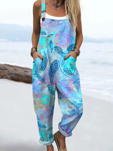 Women's Vintage Turtle Art Print Casual Cotton Linen Wide Leg Jumpsuit